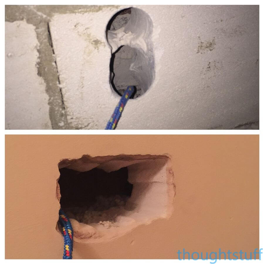 Запертое отверстие. Отверстие для кабеля в стене. Заделка отверстий в стене. Отверстие в стене для прокладки кабеля. Заделка дырок в стене.
