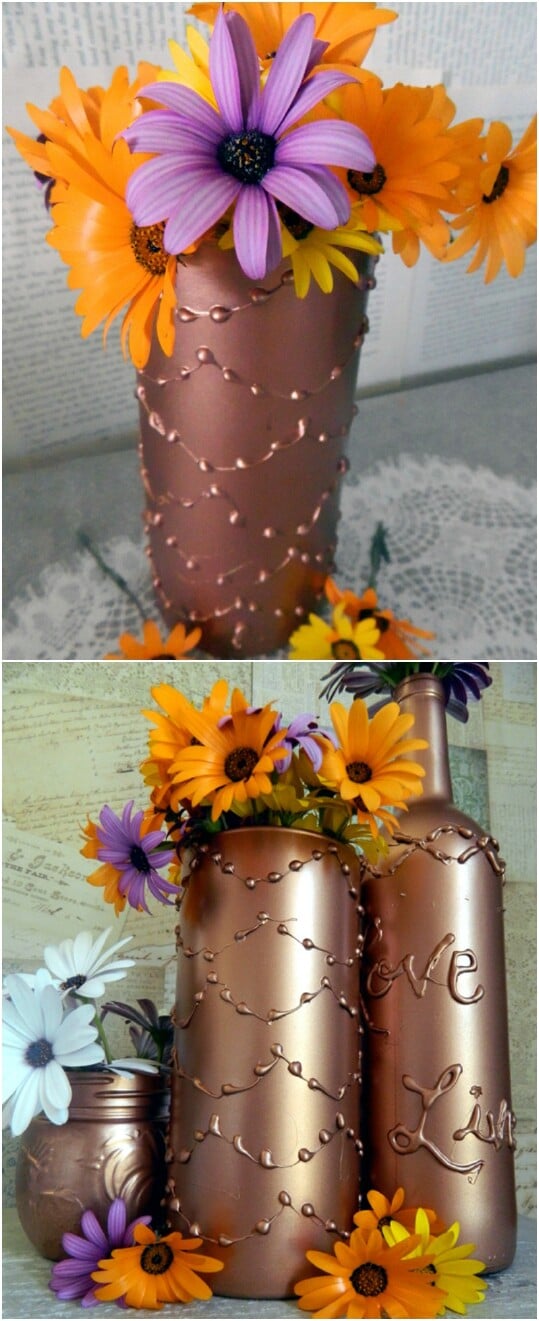 Decorate a vase using hot glue.