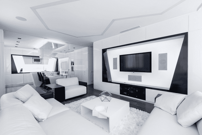 гостиная в белых тонах в стиле хай-тек