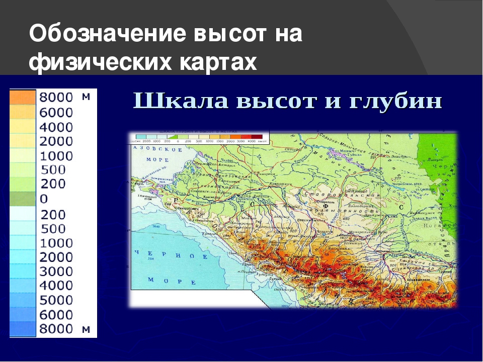 Определить по физической карте. Обозначения на физической карте. Шкала высот на физической карте. Обозначение высоты гор на карте. Шкала глубин и высот на физической карте.