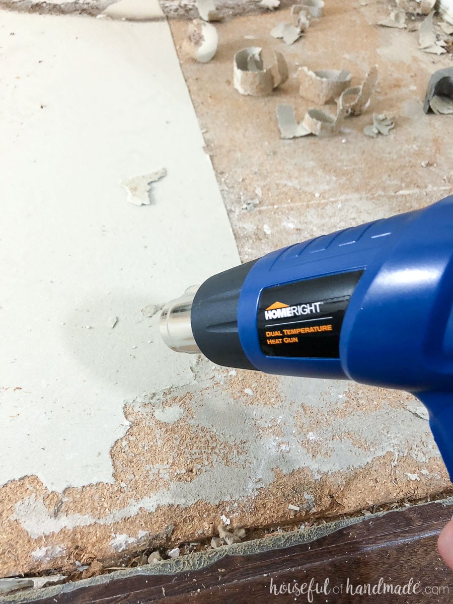 Use the HomeRight heat gun to soften the old linoleum glue to remove it easily. 