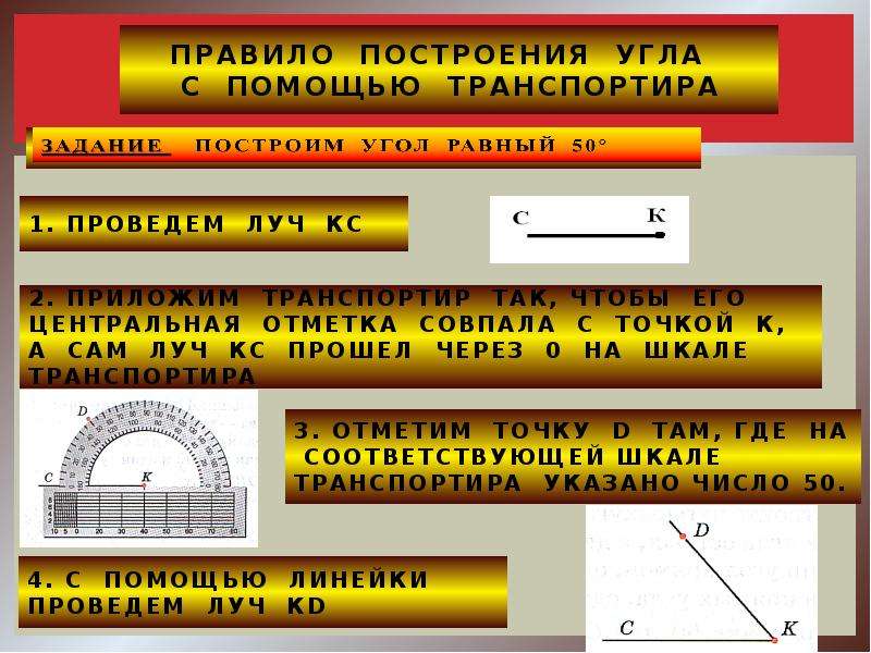 Углы с помощью транспортира. Построение углов транспортиром. Транспортир строение углов. Измерение углов правило.