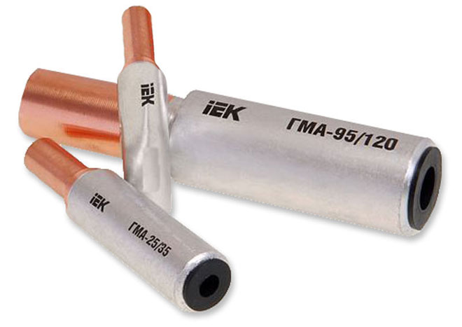 Гильза медно-алюминиевая ГМА для соединения медных и алюминиевых проводов.