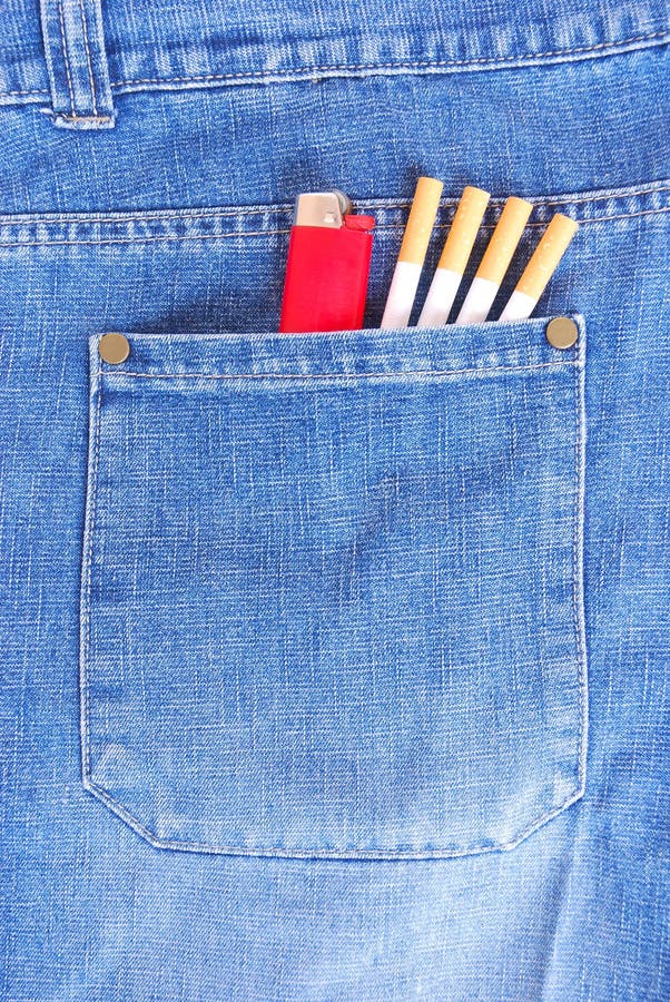 Cigarettes and lighter in pocket. A big back pocket of a smoker