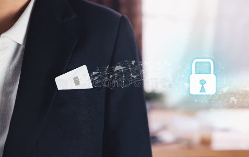 Credit card in pocket businessman black suit and icon key lock. Cyber Security. Credit card in pocket businessman black suit and icon key lock. Cyber Security stock image