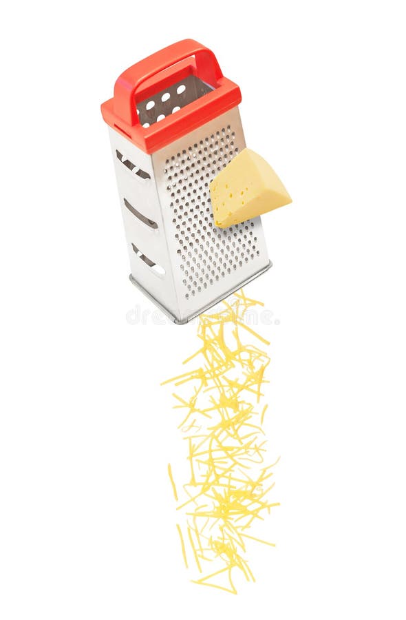 Grated cheese falling from grater. Grated cheese falling from metal grater isolated on white background royalty free stock image