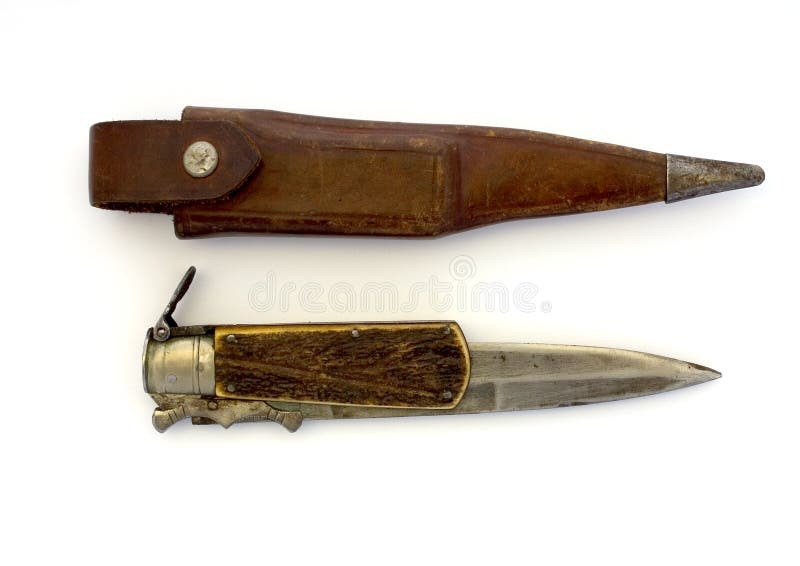 Hunting pocket knife. Old hunting pocket knife and sheath royalty free stock photos