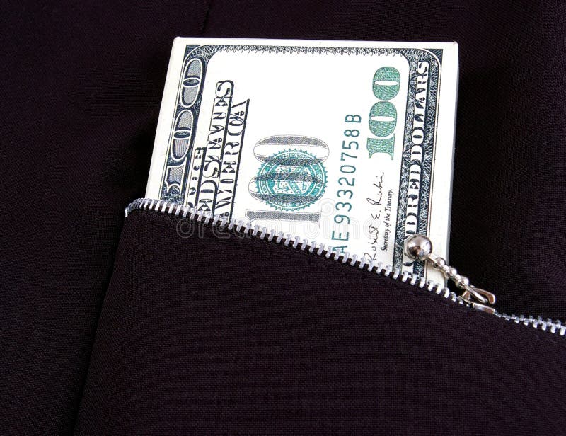 Money in pocket. Bill 100 dollars pocket with lock-zipper royalty free stock photography
