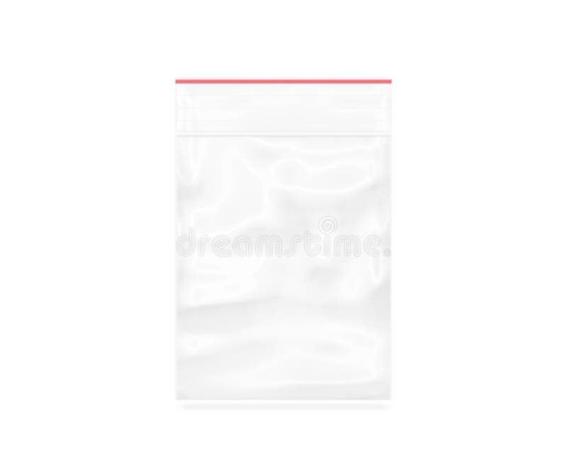 Plastic transparent zipper bag isolated on white. 3d illustration. Blank zip lock packaging design. Empty polythene ziplock sealed wrap. Clear pack mock up royalty free stock photography