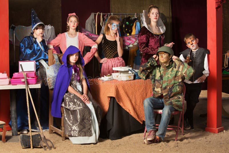 Seven theater students in dressing room stock image