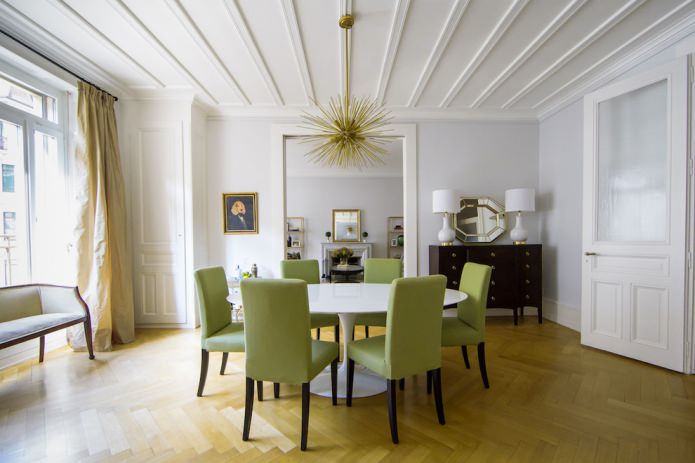 Дизайн гостиной комнаты с оливковыми стульями