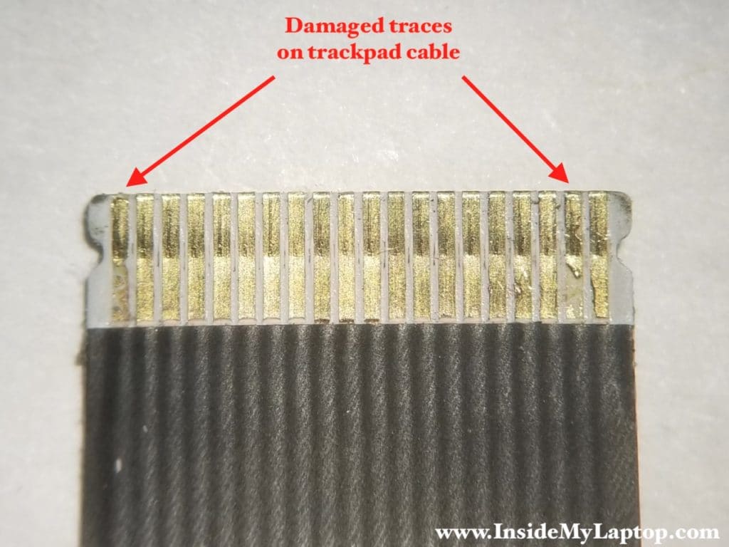 The second end of trackpad cable damaged by water