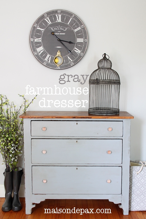 Gorgeous gray farmhouse dresser makeover using Country Chic Paint in Pebble Beach at maisondepax.com #redo #diy #painted dresser #antique #refinished #refurbished #distressed #wax #wood #rustic