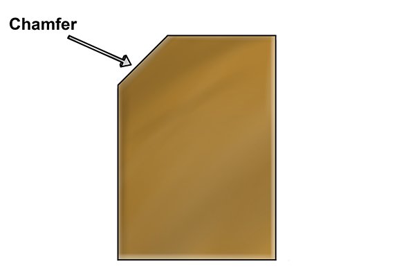 Diagram to explain what a chamfer is in dowelling and other woodworking and engineering projects