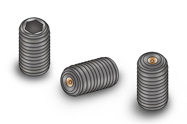 Image to show grub screws which are the part of drill stops that allow the stop to be fastened tightly to the drill bit when drilling dowel holes